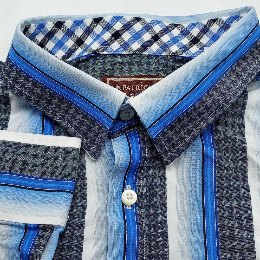 Patrick James West Coast Classic Blue Striped‎ Checkered Cotton Mens Shirt Large